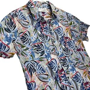 C&C California Midi Dress Womens M Colorful 100% Linen Tropical Leaf Button Down